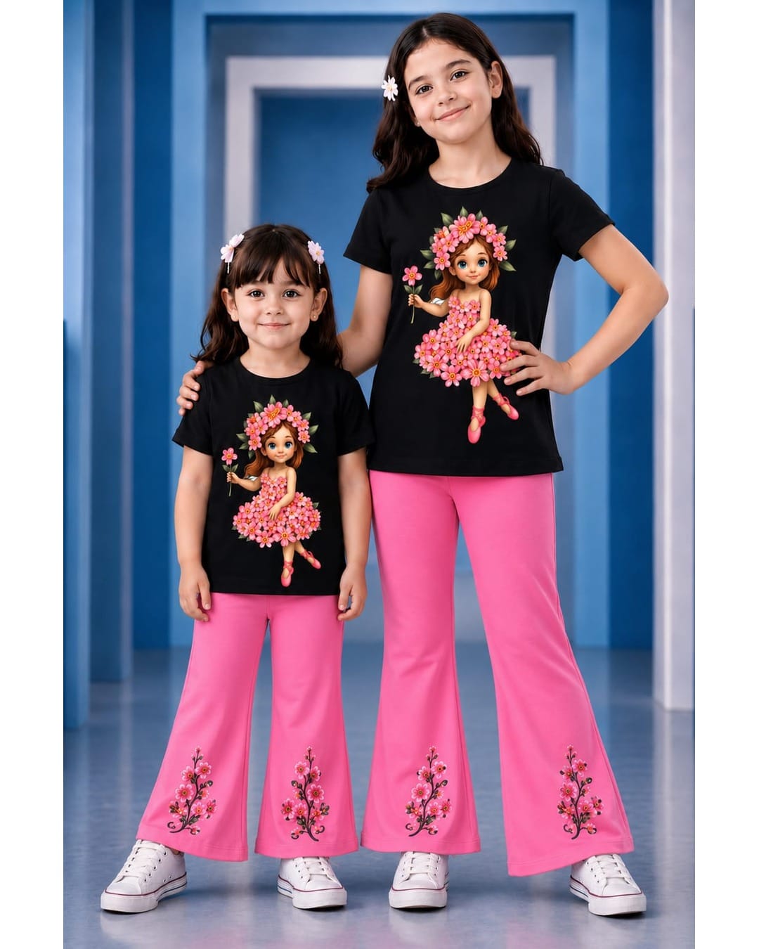 Girls Cute doll black Short Sleeve T-Shirt & Striped Wide-Leg Pants Set (Copy)