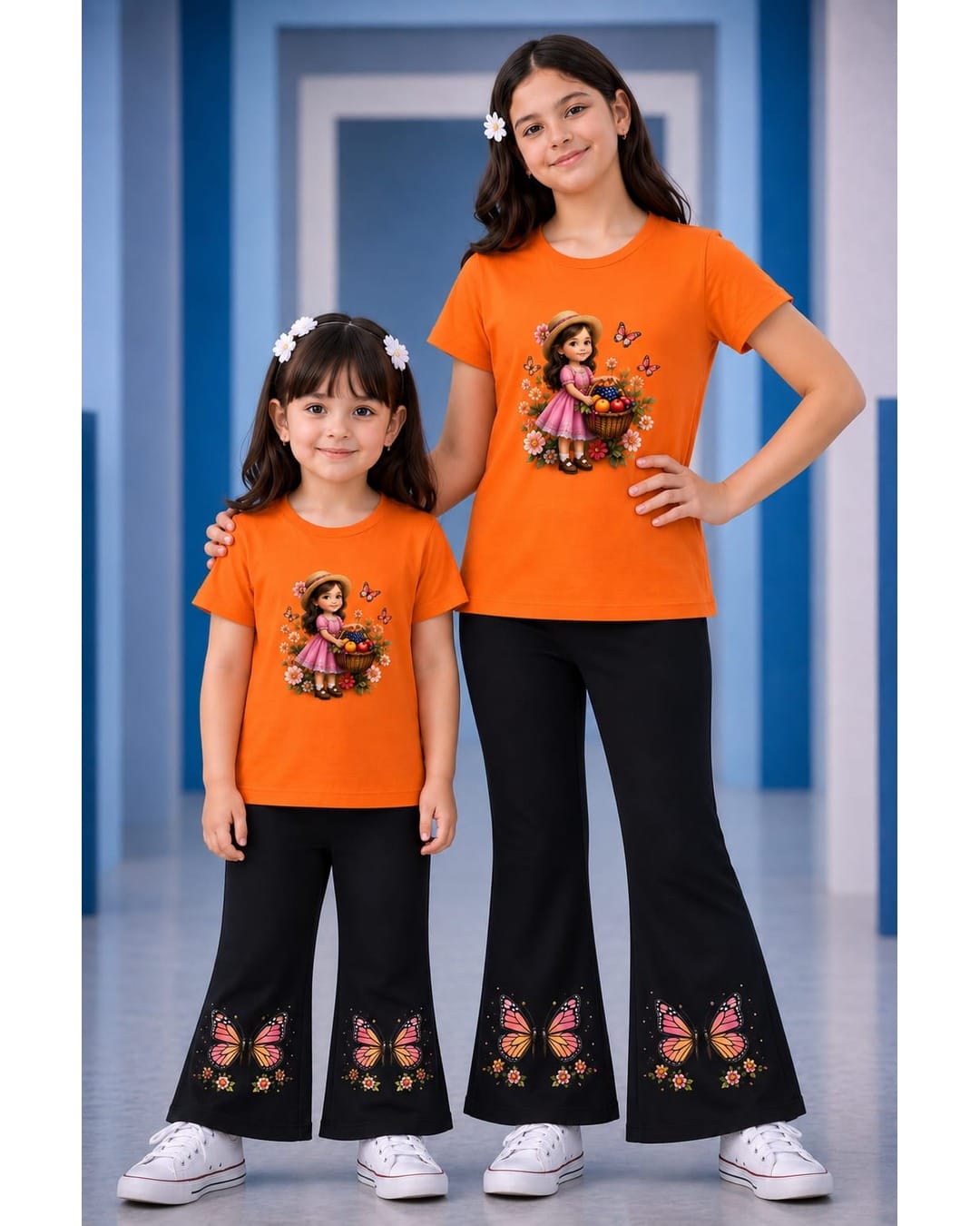 Orenge prentet T-Shirt & Striped Wide-Leg Pants Set