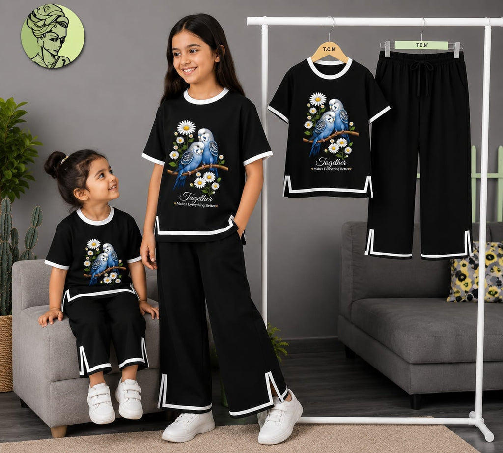 new fara black  2pcs Printed T-shirt & Full Pant