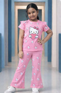 3d kuche kitkta  pink T-Shirt & Striped Wide-Leg Pants Set