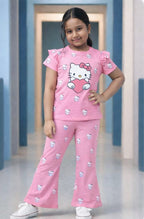 3d kuche kitkta  pink T-Shirt & Striped Wide-Leg Pants Set