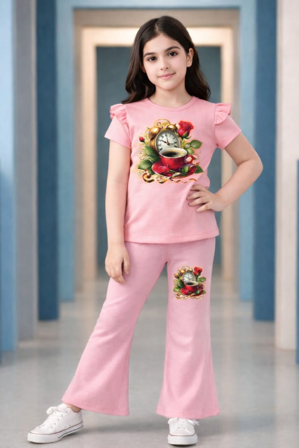 3d Kuche pink T-Shirt & Striped Wide-Leg Pants Set