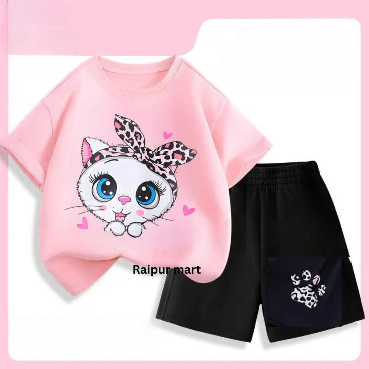Baby girls pink cat print T-shirt and shorts set