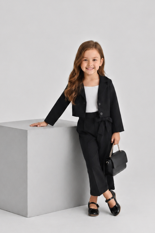 Girl wearing a black blazer and matching pants formal outfit with a white top