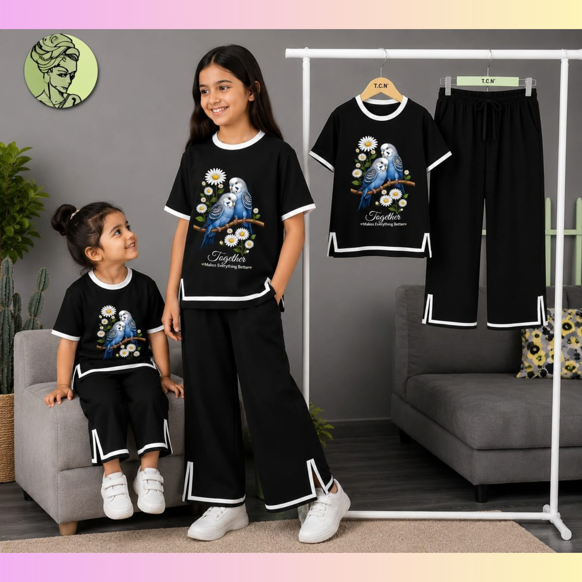 Girls black side slit printed co ord set with pant