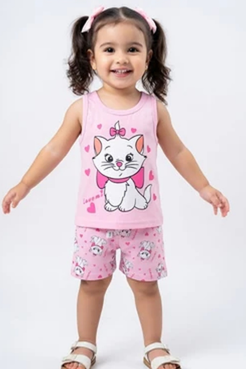 Toddler girl wearing a pink cat graphic sleeveless top with matching printed shorts two-piece summer outfit