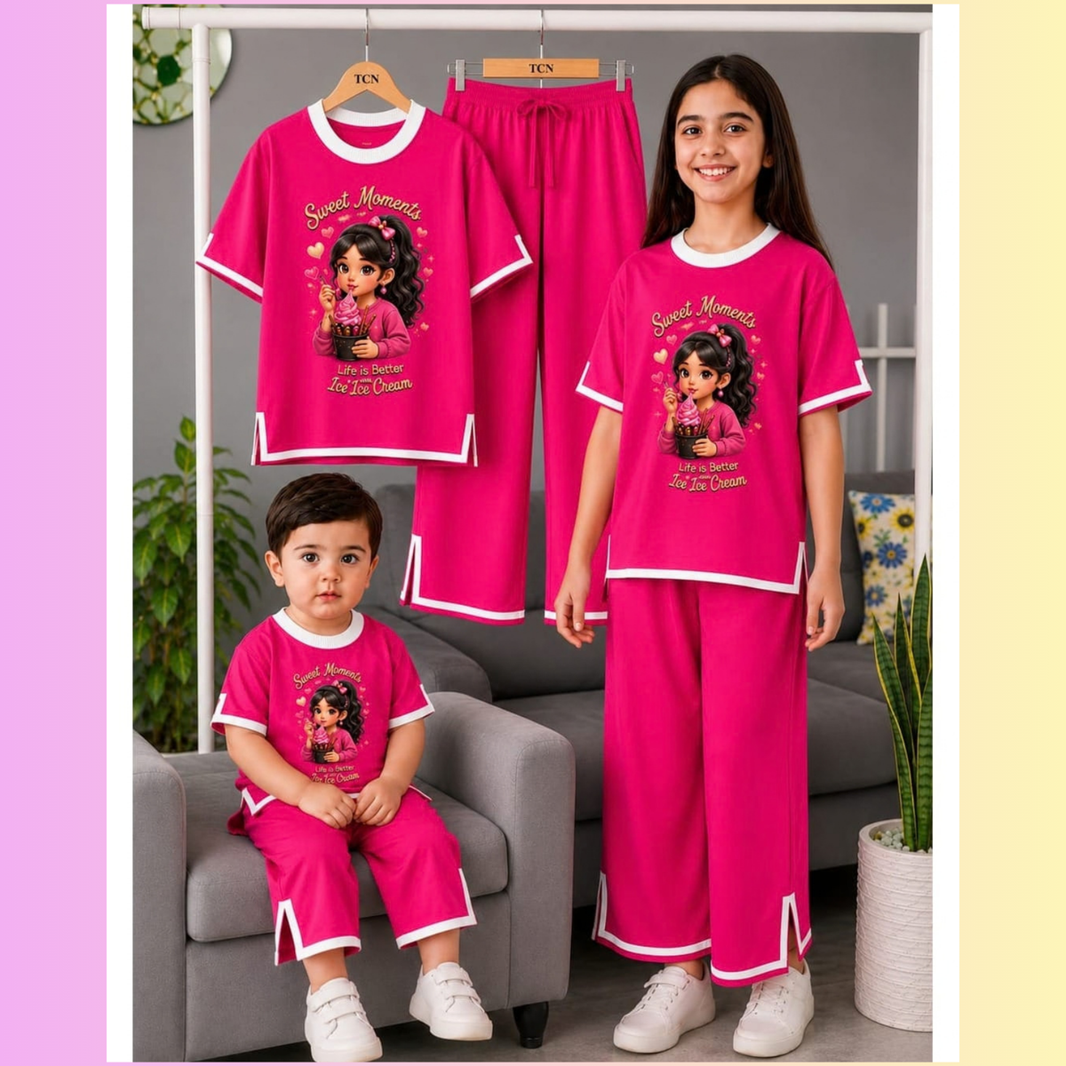 Girls pink ice cream print side slit co ord set