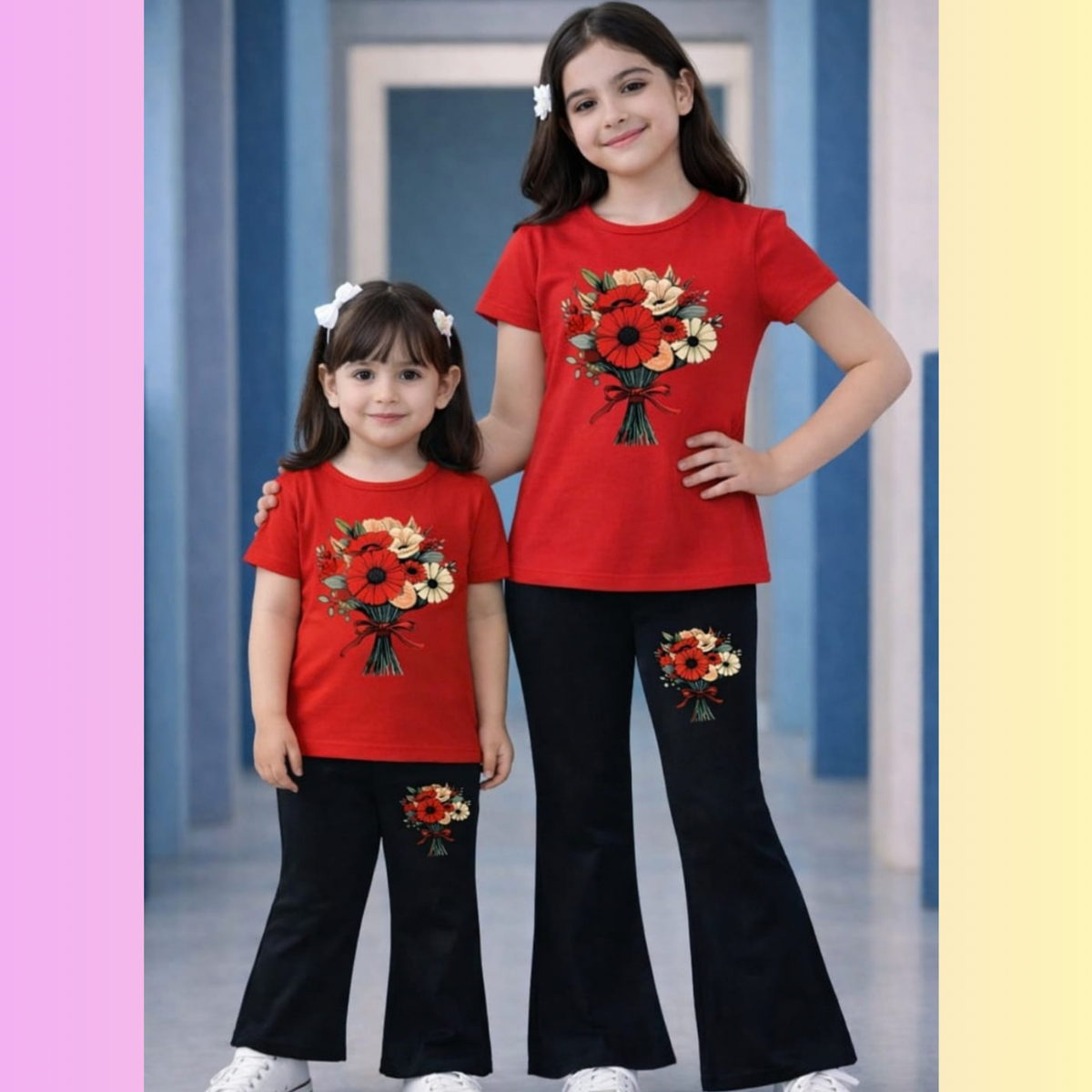 Kids 2 piece t shirt pant set with red floral printed top and black pants