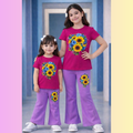 Kids t shirt pant set with magenta sunflower printed top and purple wide leg pants