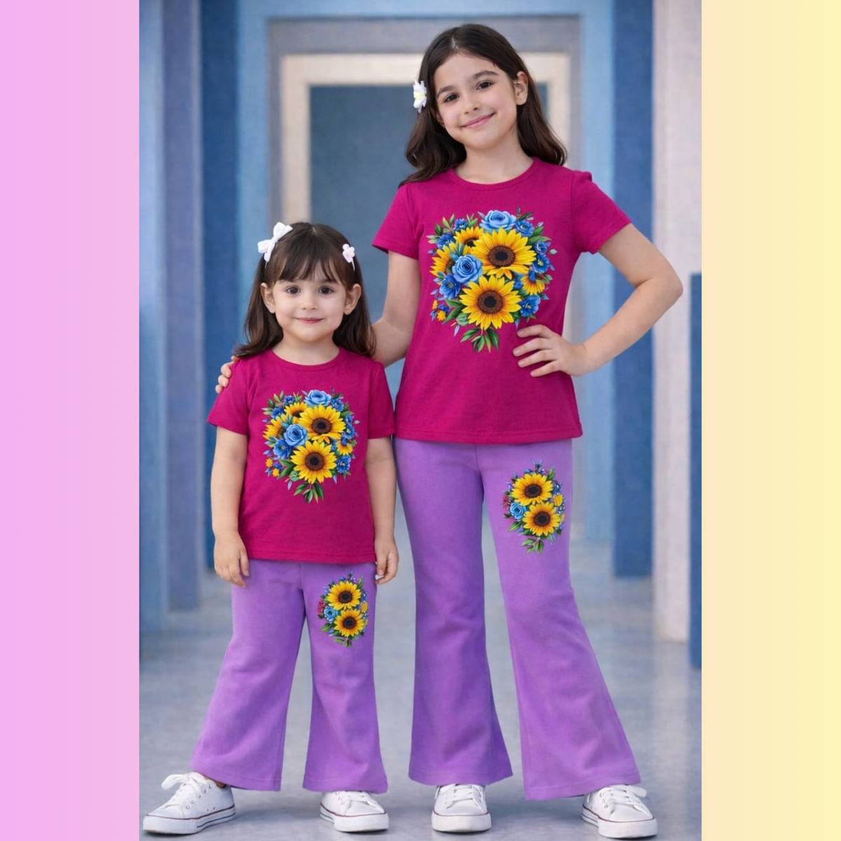 Kids t shirt pant set with magenta sunflower printed top and purple wide leg pants