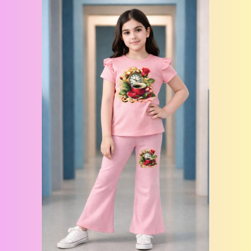 Pink girls t shirt pants set with striped wide leg pants