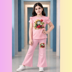 Pink girls t shirt pants set with striped wide leg pants