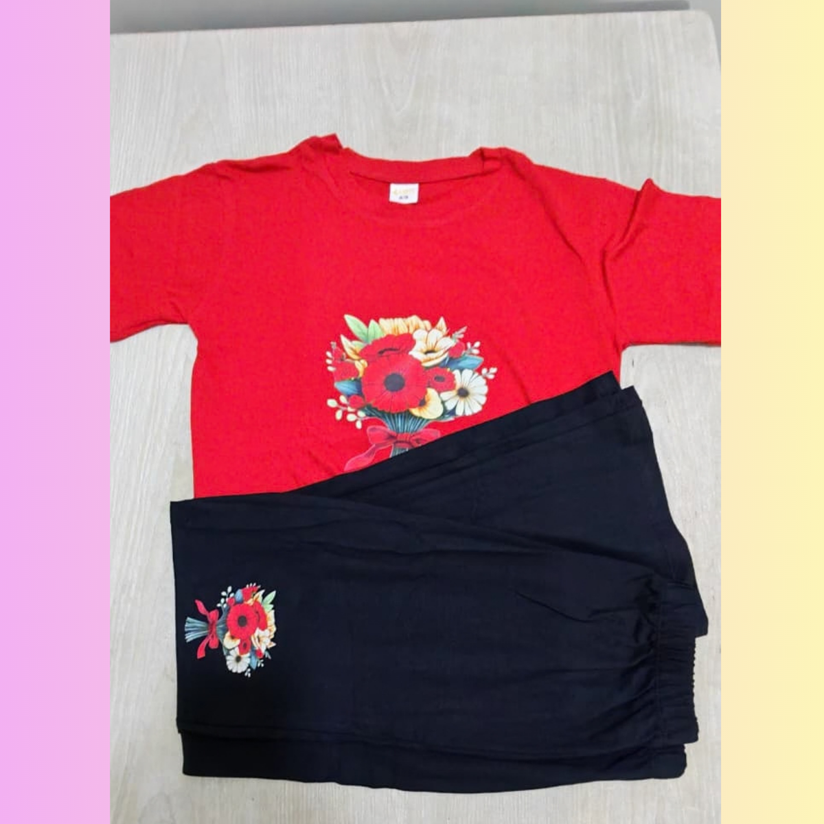 Red floral printed t shirt with black matching pants kids outfit